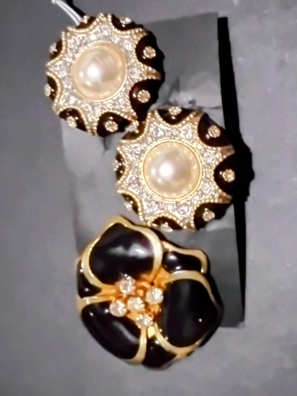 Gold-Tone Black & Pearl Accent Women's Earrings Set